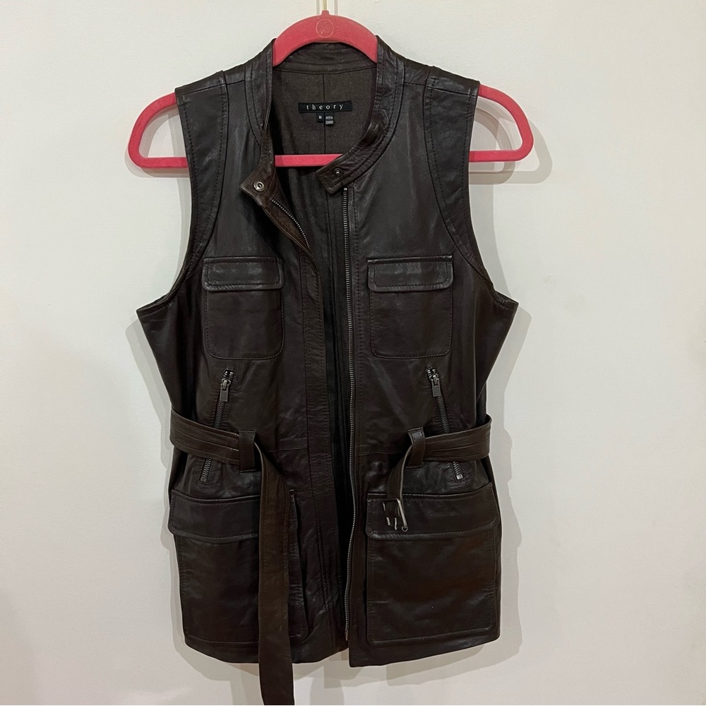 Theory Brown Leather Vest with Pockets and belt - Size Medium